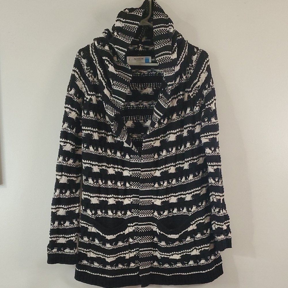Anthropologie Sparrow Open Knit Hooded Cardigan Sweater Size Med Black White